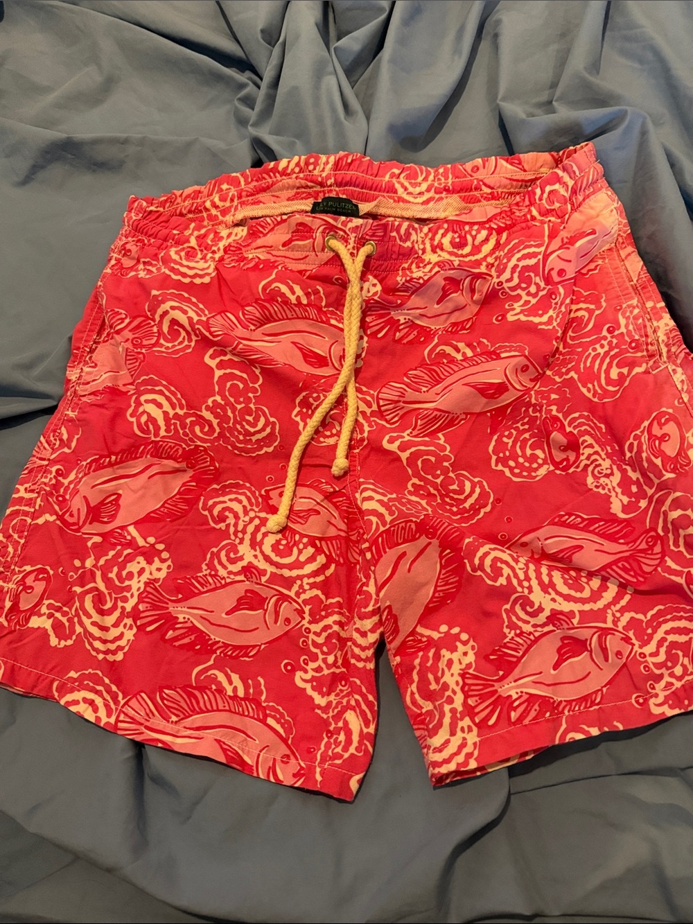 Lilly Pulitzer Pink Fish-Print Swim Trunks Rope Waist Small Designer Cape Cod